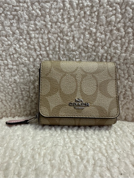 Coach Handbags - Coach Beige Signature Small Fold Wallet with Silver Logo